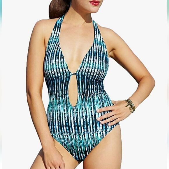 BAR III WOMEN'S PRINTED PLUNGE INDIGO LACE-UP ONE-PIECE SWIMSUIT - Picture 1 of 15